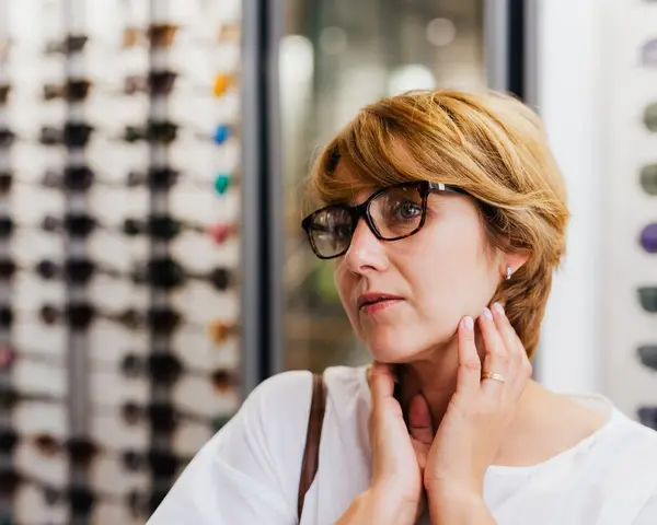 Customer trying on a new pair of glasses at Eye Deal Optics